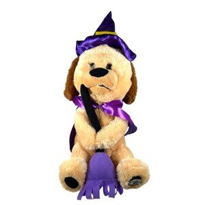 Singing dancing plush dog with purple witch hat broom & cape halloween holiday